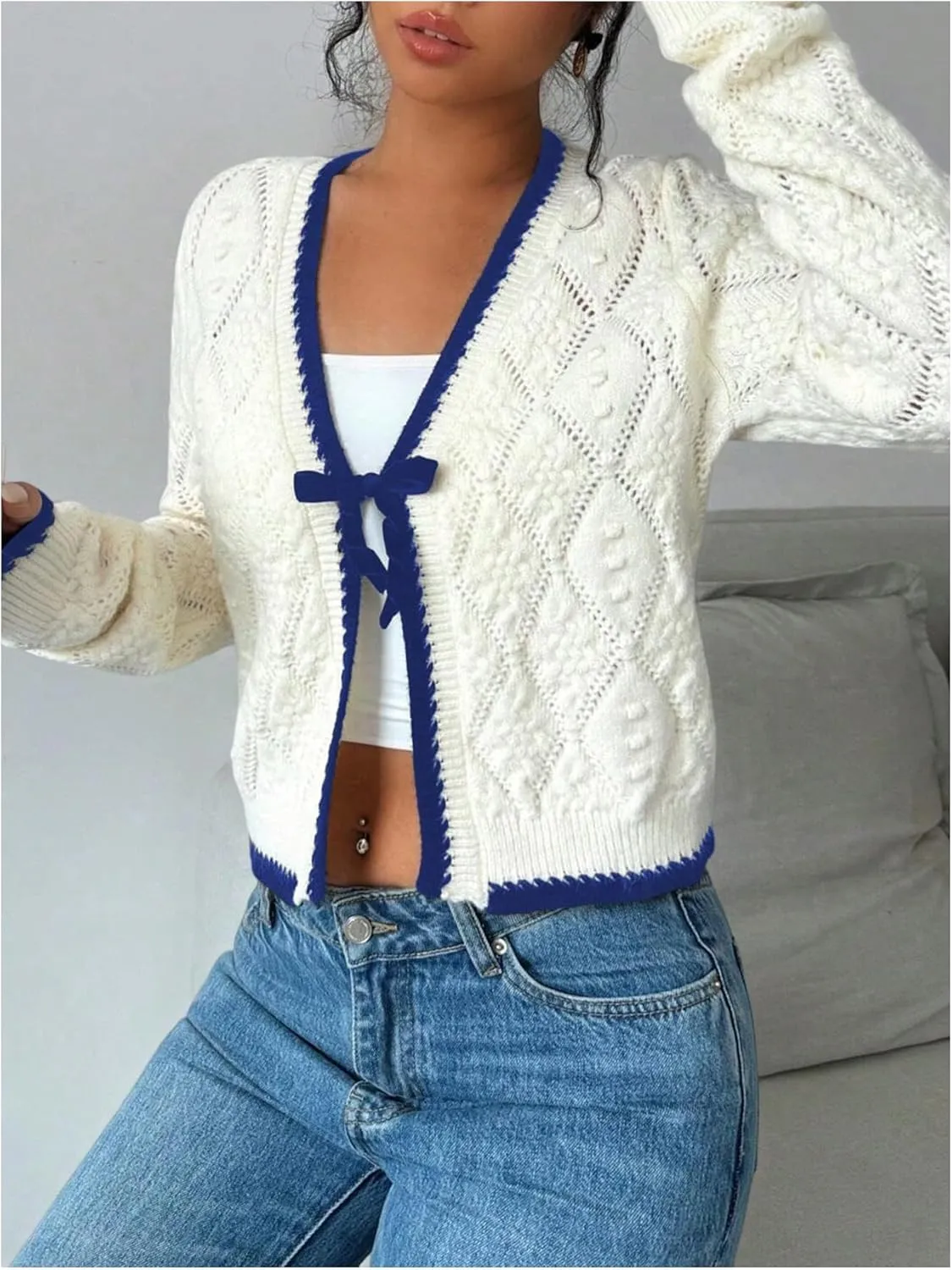 MakeMeChic Women's Tie Front Cardigan Sweater V Neck Long Sleeve Crop Cardigan