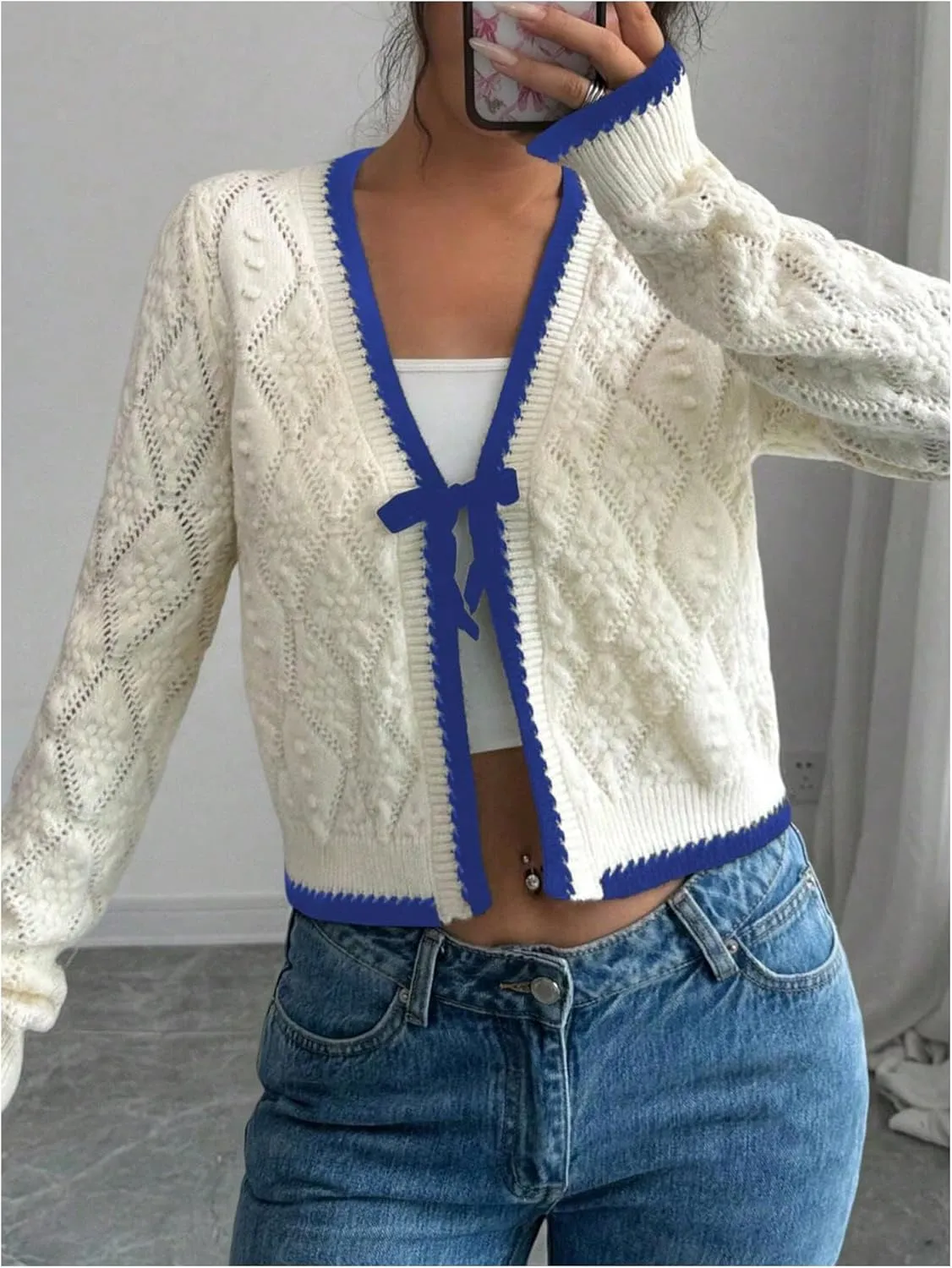 MakeMeChic Women's Tie Front Cardigan Sweater V Neck Long Sleeve Crop Cardigan