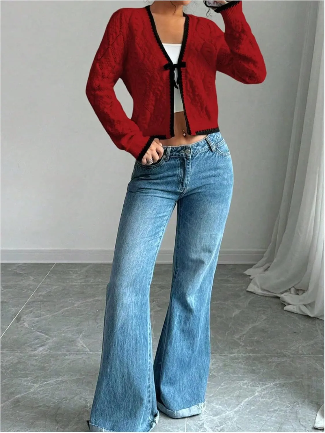 MakeMeChic Women's Tie Front Cardigan Sweater V Neck Long Sleeve Crop Cardigan