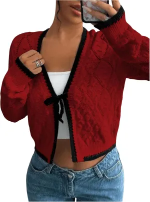 MakeMeChic Women's Tie Front Cardigan Sweater V Neck Long Sleeve Crop Cardigan