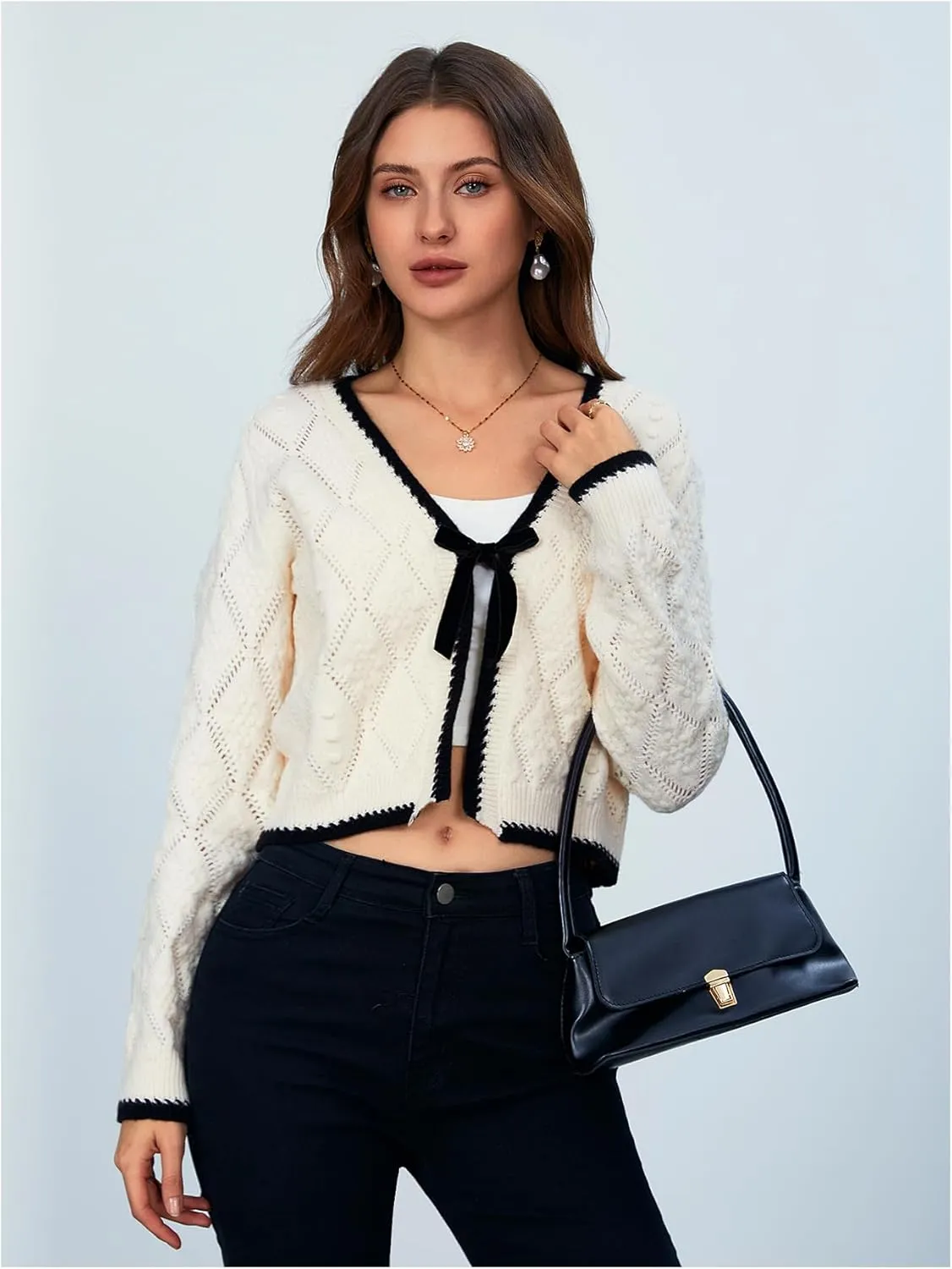 MakeMeChic Women's Tie Front Cardigan Sweater V Neck Long Sleeve Crop Cardigan