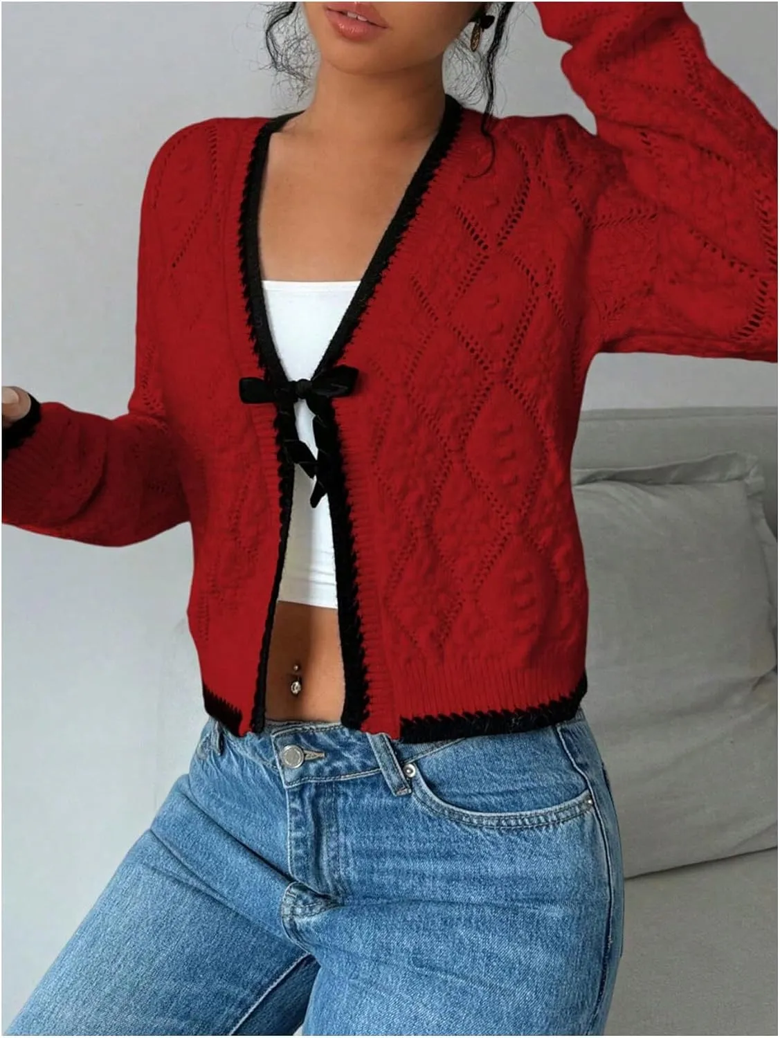 MakeMeChic Women's Tie Front Cardigan Sweater V Neck Long Sleeve Crop Cardigan