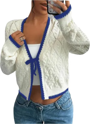 MakeMeChic Women's Tie Front Cardigan Sweater V Neck Long Sleeve Crop Cardigan