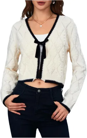 MakeMeChic Women's Tie Front Cardigan Sweater V Neck Long Sleeve Crop Cardigan