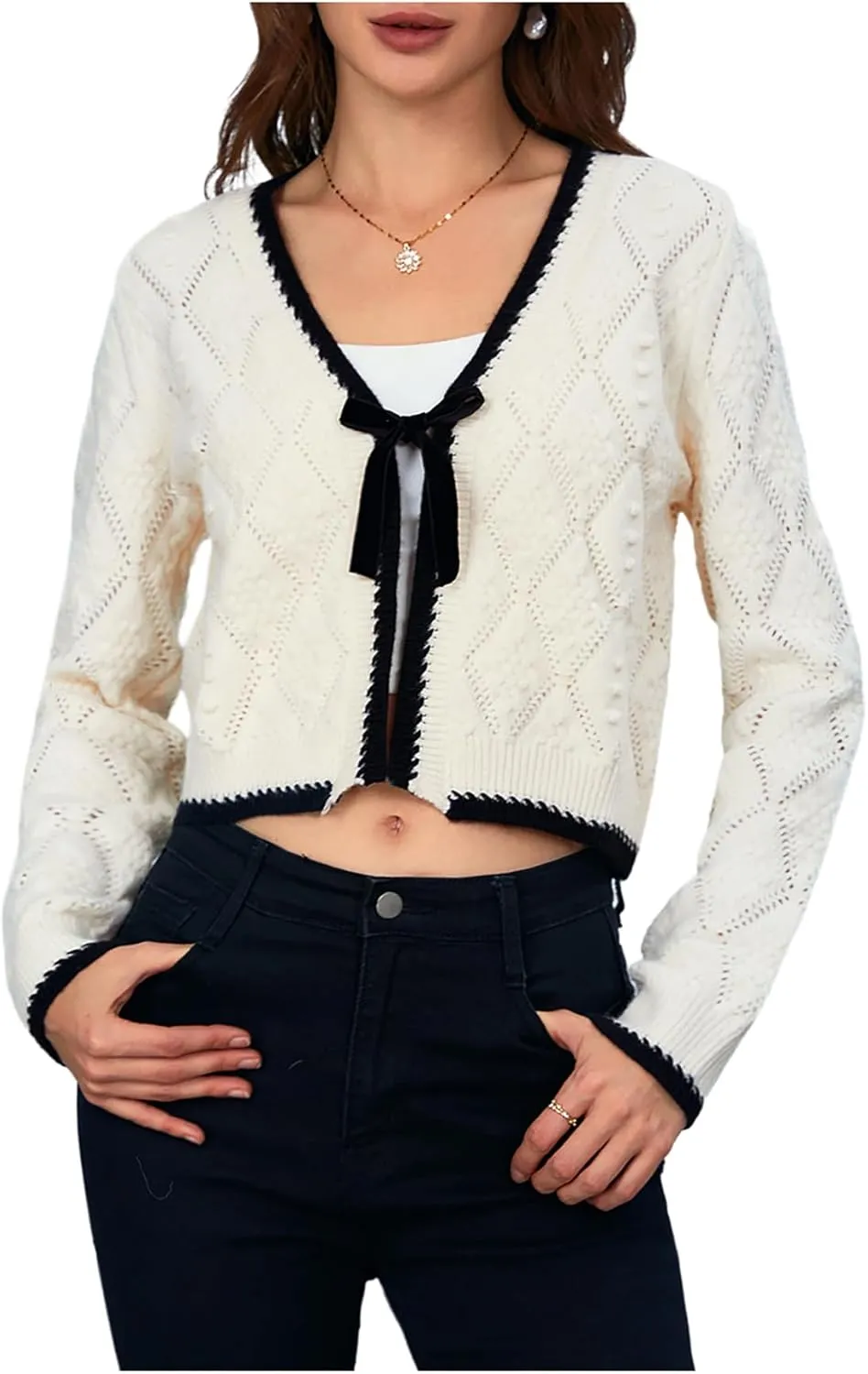 MakeMeChic Women's Tie Front Cardigan Sweater V Neck Long Sleeve Crop Cardigan