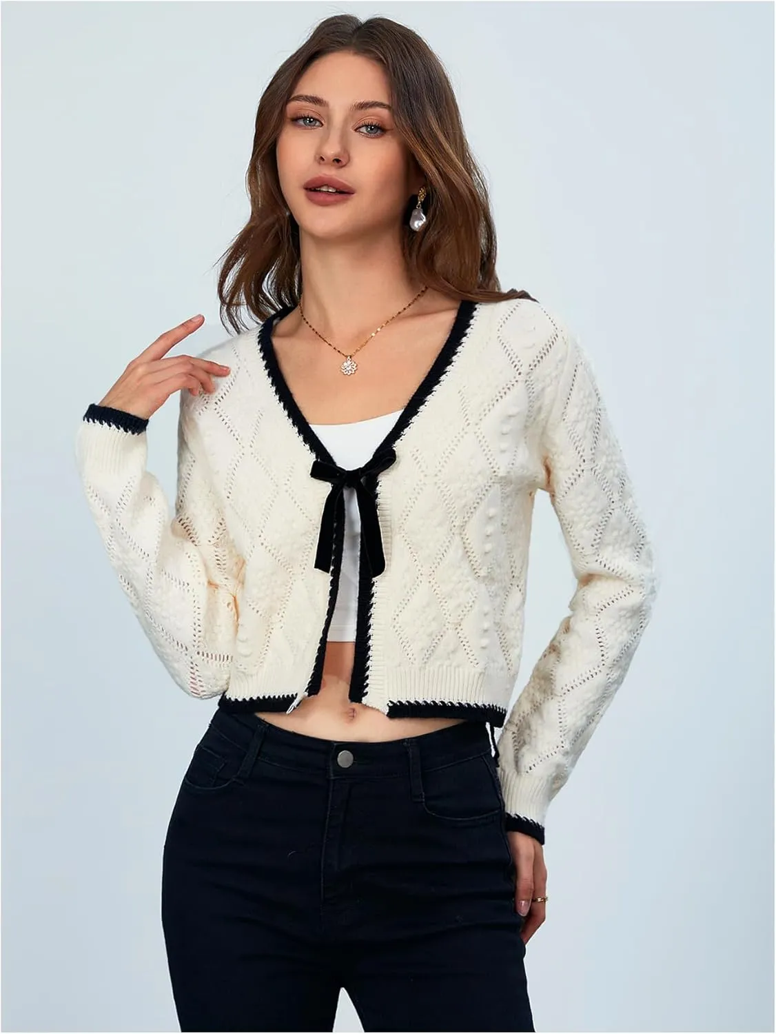 MakeMeChic Women's Tie Front Cardigan Sweater V Neck Long Sleeve Crop Cardigan