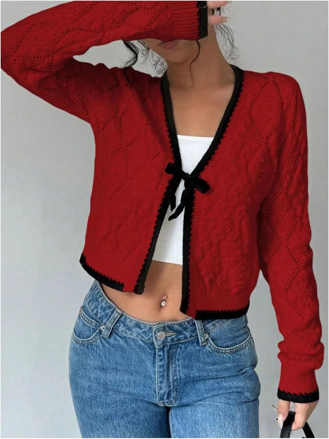 MakeMeChic Women's Tie Front Cardigan Sweater V Neck Long Sleeve Crop Cardigan