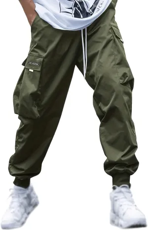 Men Cargo Pants Big and Tall Elastic Waist Drawstring Parachuted Pants Lightweight Baggy Plus Size Sweatpants with Pockets