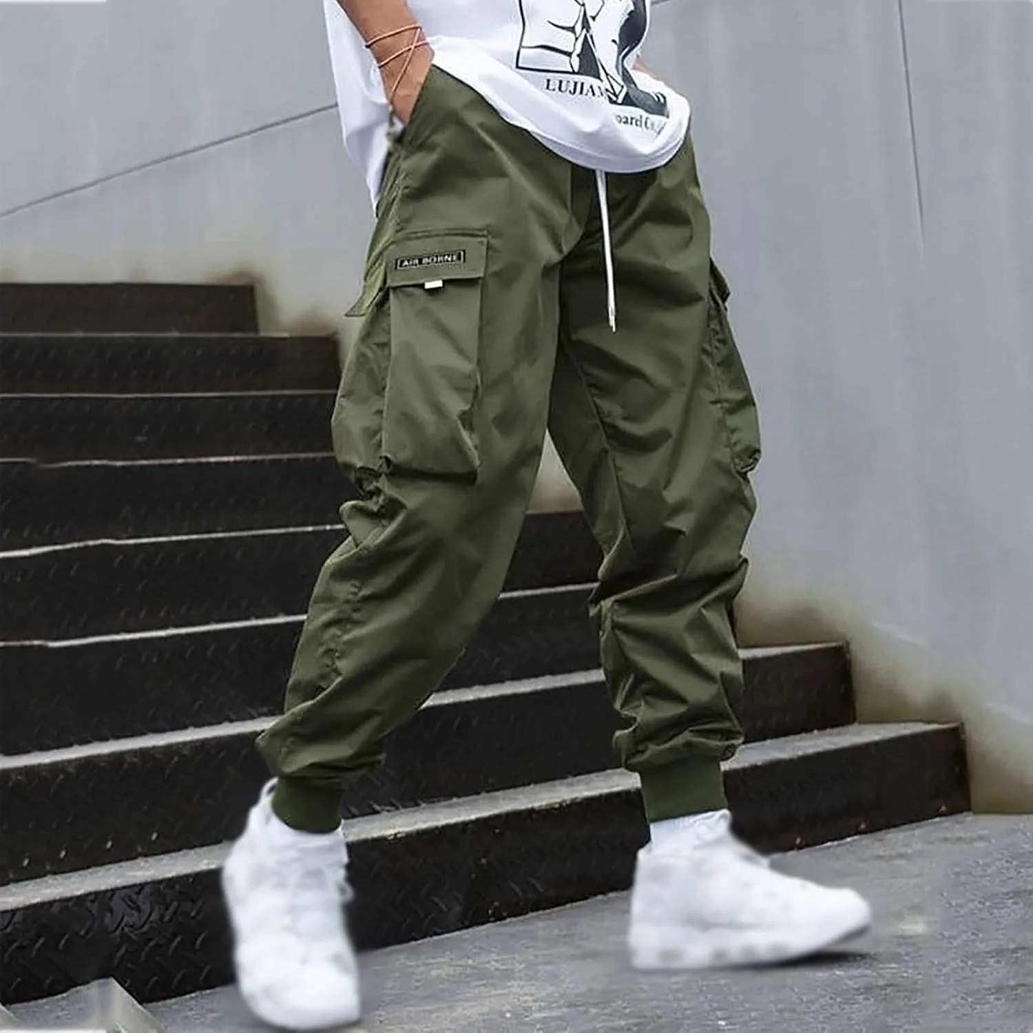 Men Cargo Pants Big and Tall Elastic Waist Drawstring Parachuted Pants Lightweight Baggy Plus Size Sweatpants with Pockets
