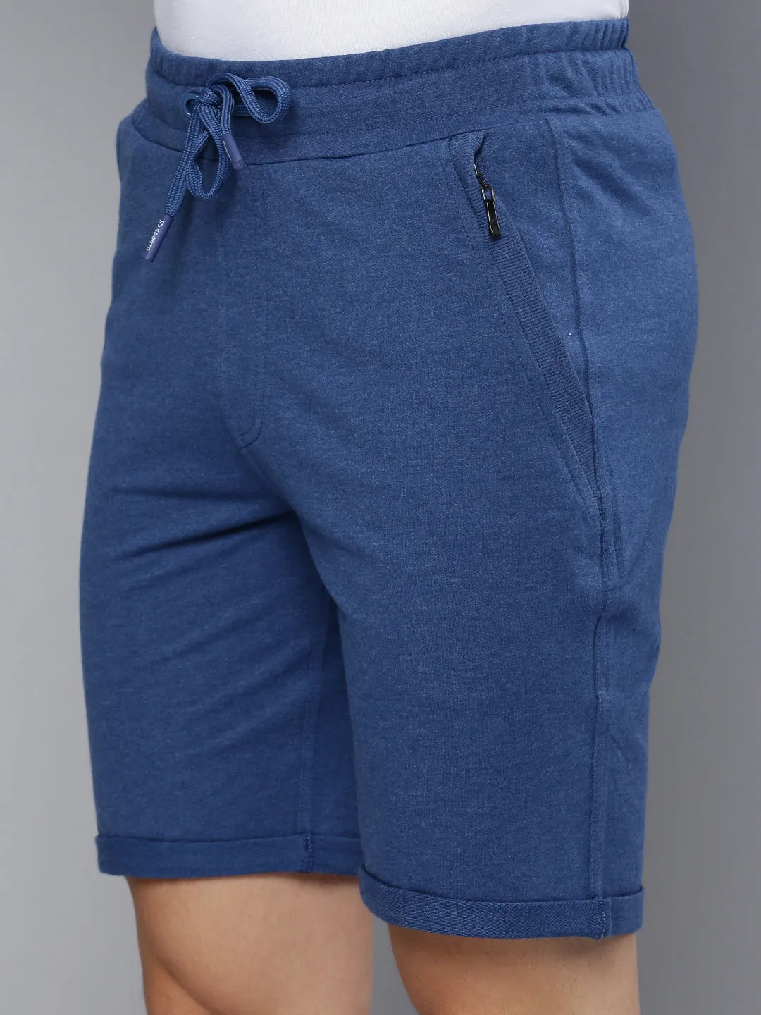 Mens Blue Cotton Blend Bermuda Shorts with Zipper Pockets   Grey Jaspe Solid T-Shirt Combo