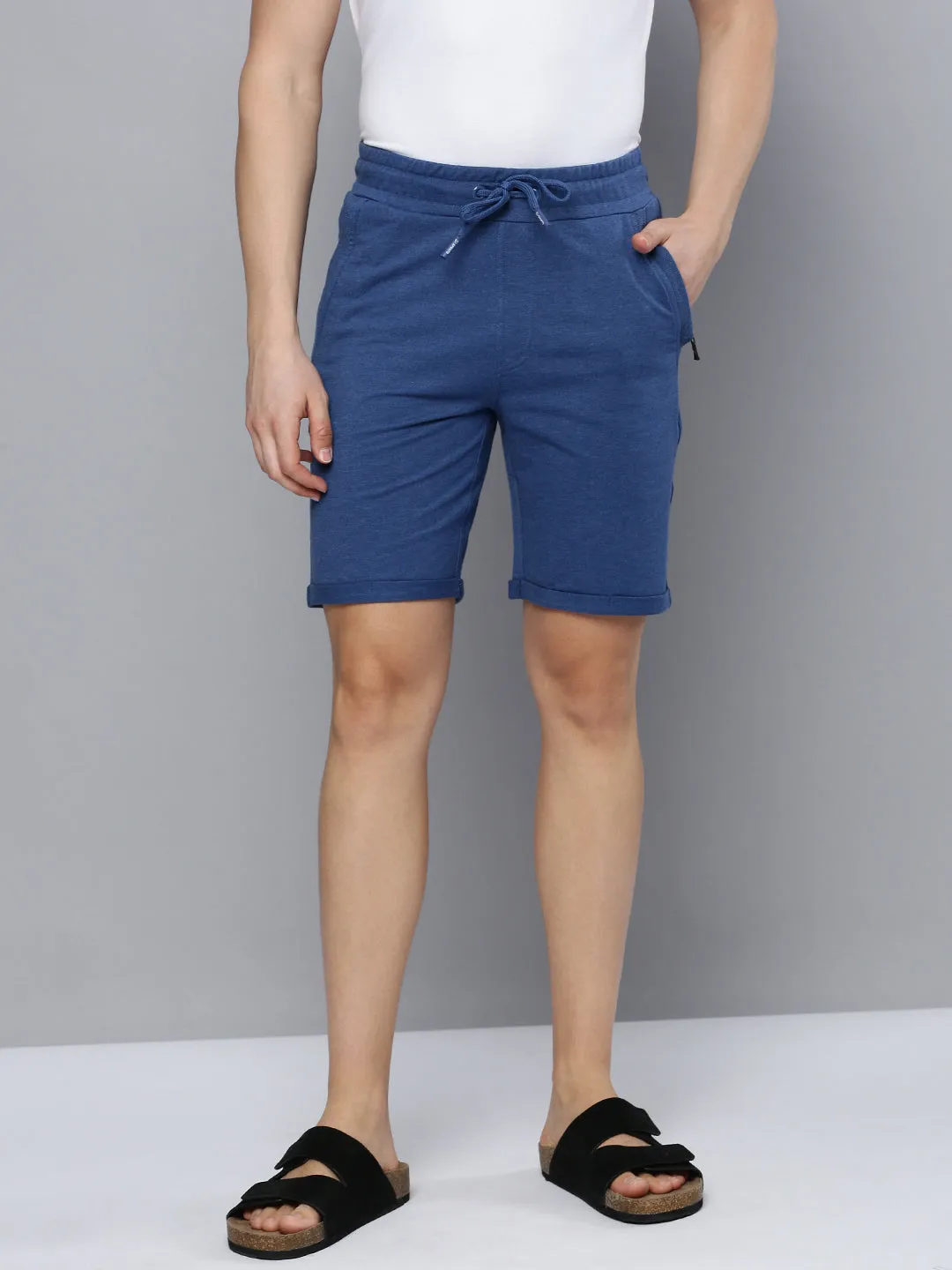 Mens Blue Cotton Blend Bermuda Shorts with Zipper Pockets   Grey Jaspe Solid T-Shirt Combo