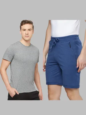 Mens Blue Cotton Blend Bermuda Shorts with Zipper Pockets   Grey Jaspe Solid T-Shirt Combo