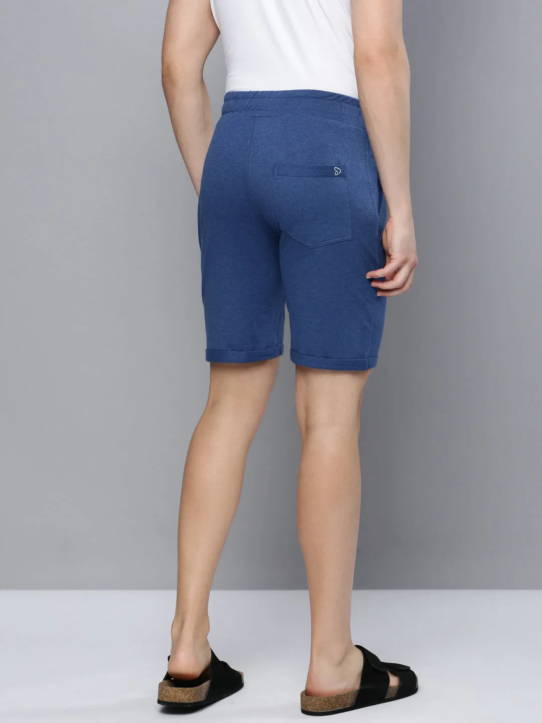 Mens Blue Cotton Blend Bermuda Shorts with Zipper Pockets   Grey Jaspe Solid T-Shirt Combo