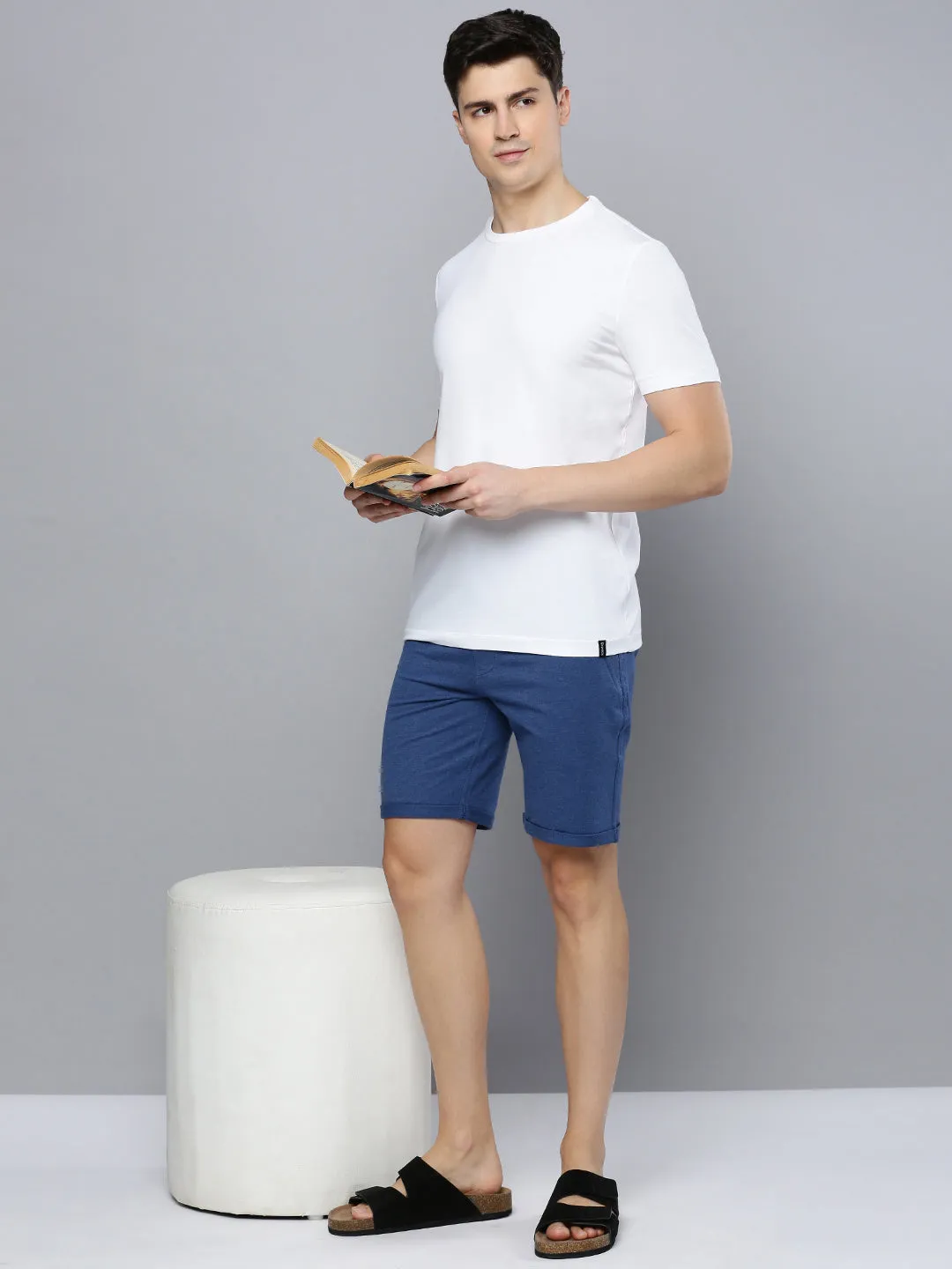 Mens Blue Cotton Blend Bermuda Shorts with Zipper Pockets   Grey Jaspe Solid T-Shirt Combo