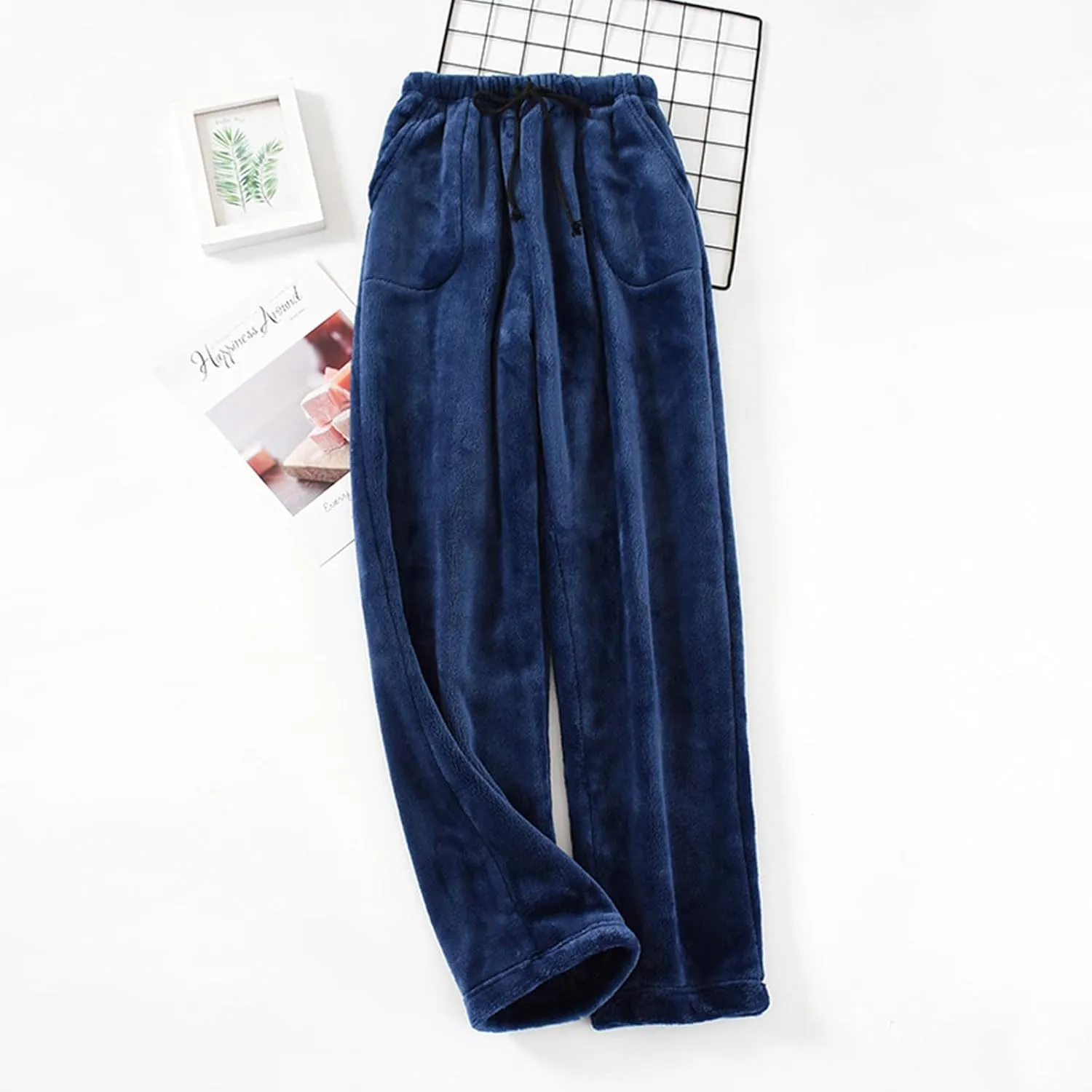Men's Casual Fleece Pants Relaxed Fit Stretch Waist Thickened Lounge Pants Plus Size Straight Leg Comfy Baggy Trousers