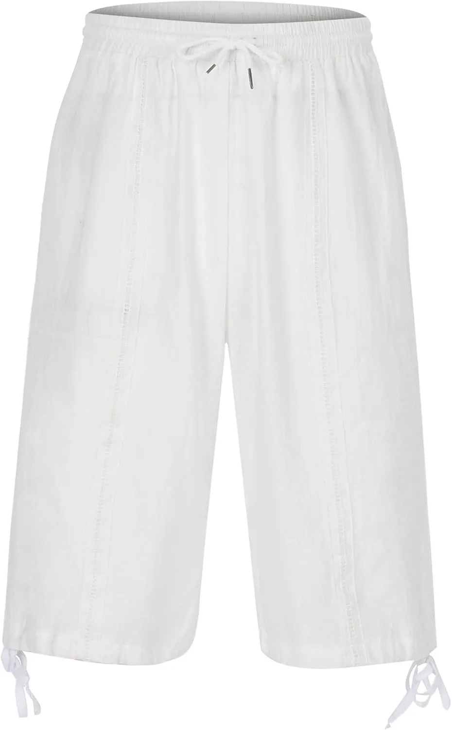 Mens Cotton and Linen Capri Pants Expandable Waist Drawstring Fashion Solid Cropped Pant Summer Loose Workout Jogger Trousers
