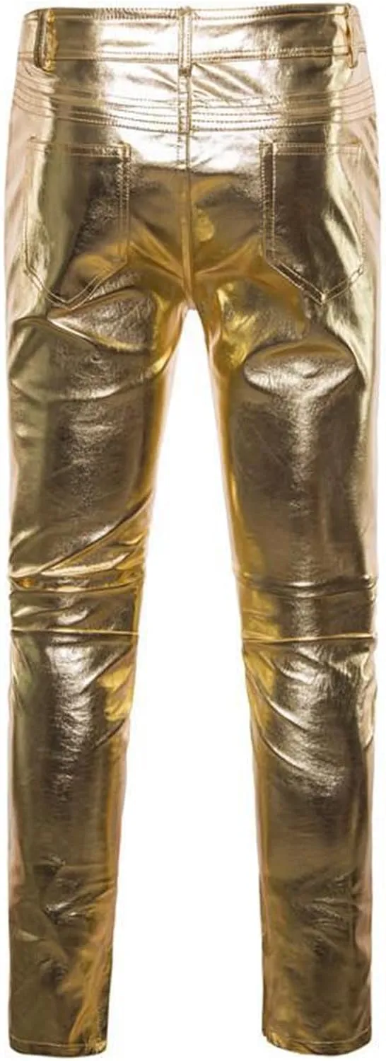 Mens Leather Pants Relaxed Fit Elastic Waist Solid Color Casual Pants Fashion Nightclub Party Performance Clothes for Men