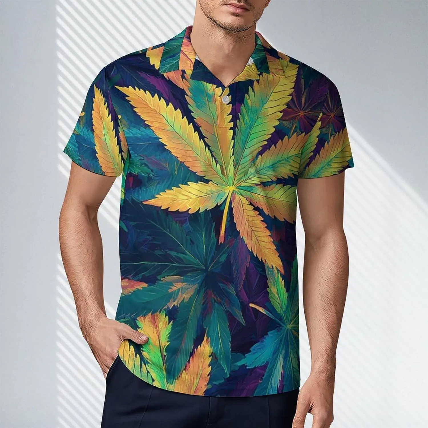 Men's Psychedelic Cannabis Leaf Polo Shirts Short Sleeve Cool Golf Shirt Quick-Dry Activewear Polos