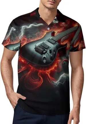 Men's Rock Theme with Electric Guitar Polo Shirts Short Sleeve Cool Golf Shirt Quick-Dry Activewear Polos