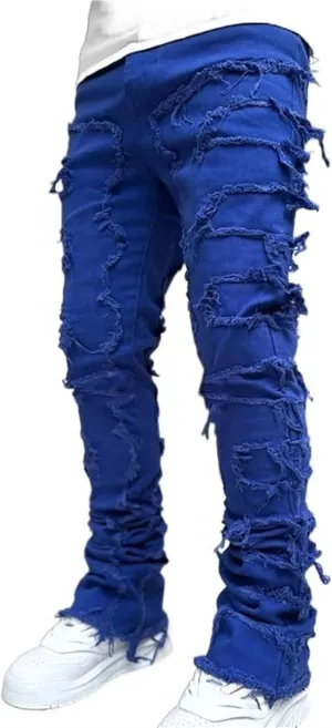Mens Stacked Jeans Slim Fit Ripped Destroyed Straight Leg Denim Pants for Harajuku or Hip Hop Streetwear