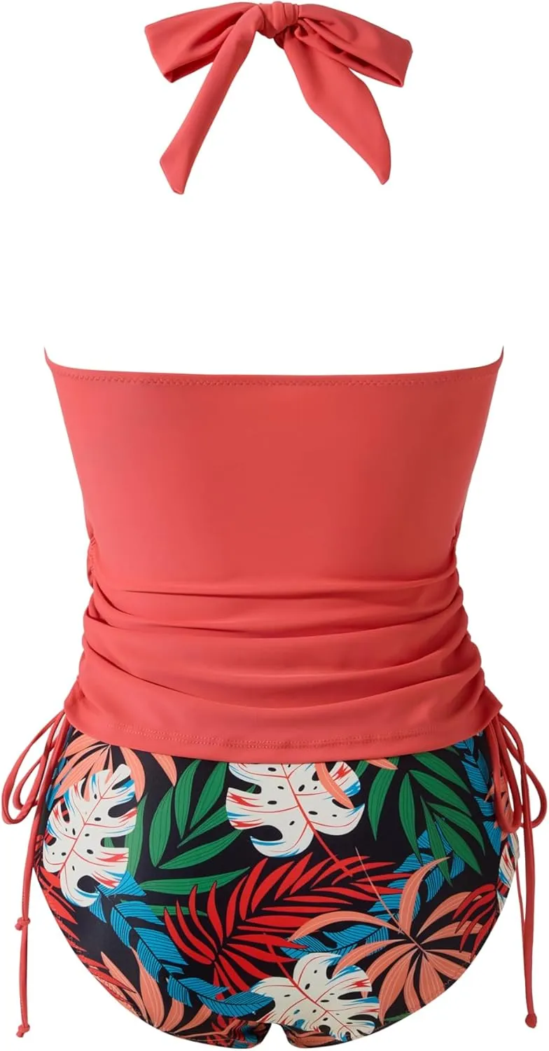 MOOSLOVER Women Sexy Halter Tankini Swimsuit Tummy Control High Waisted Two Piece Bathing Suit