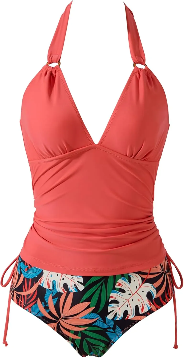 MOOSLOVER Women Sexy Halter Tankini Swimsuit Tummy Control High Waisted Two Piece Bathing Suit