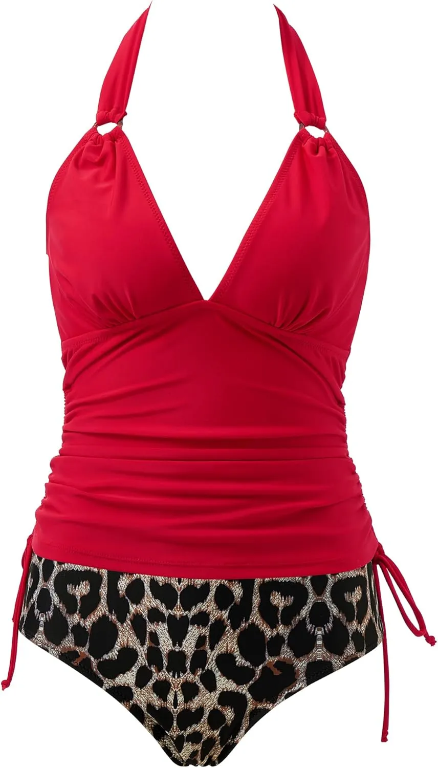 MOOSLOVER Women Sexy Halter Tankini Swimsuit Tummy Control High Waisted Two Piece Bathing Suit