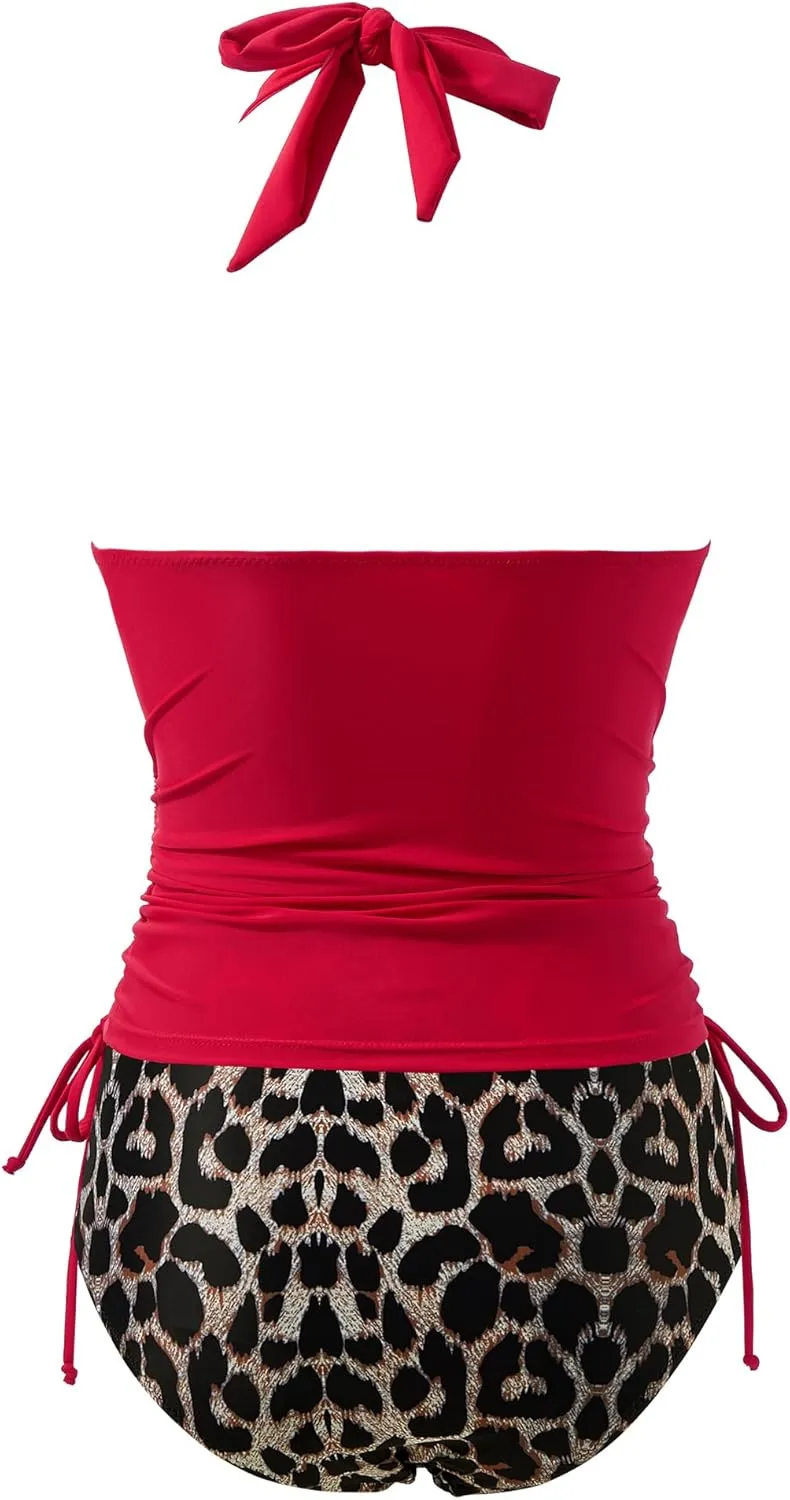 MOOSLOVER Women Sexy Halter Tankini Swimsuit Tummy Control High Waisted Two Piece Bathing Suit