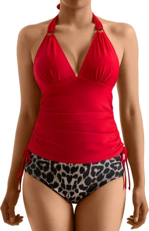 MOOSLOVER Women Sexy Halter Tankini Swimsuit Tummy Control High Waisted Two Piece Bathing Suit