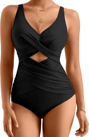 MOOSLOVER Women Slimming One Piece Swimsuit Tummy Control Wrap Cut Out Bathing Suit