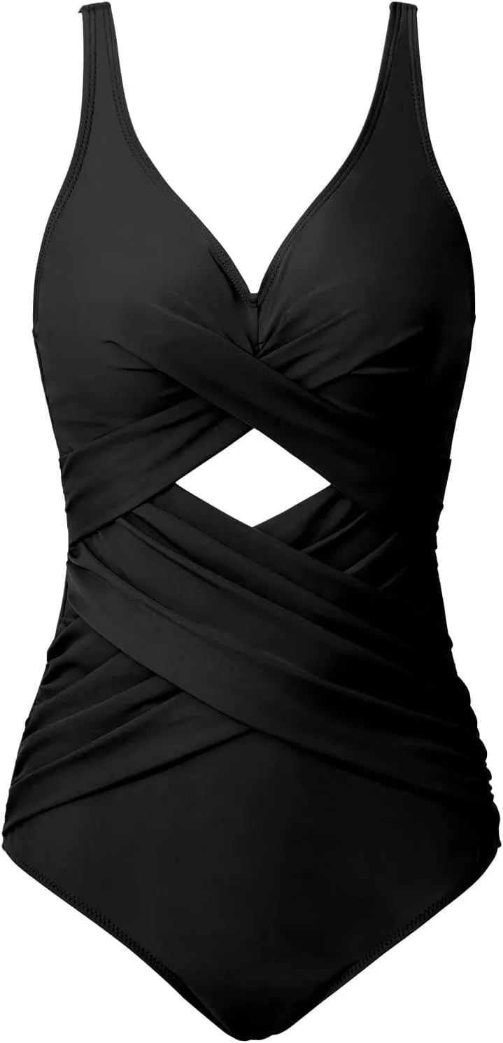 MOOSLOVER Women Slimming One Piece Swimsuit Tummy Control Wrap Cut Out Bathing Suit