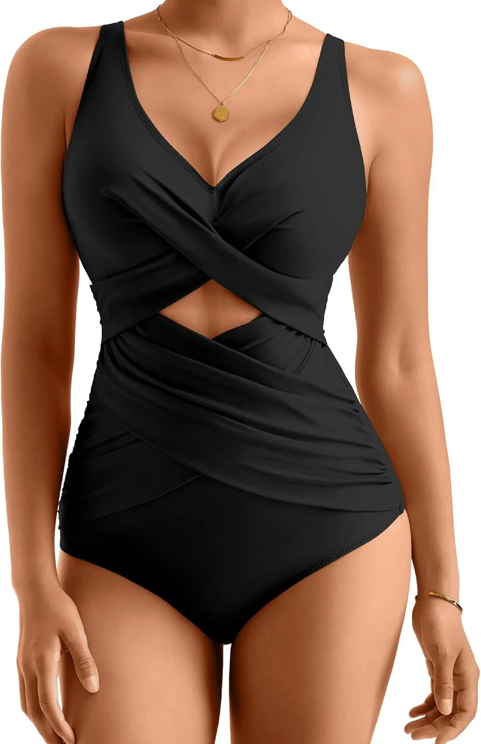 MOOSLOVER Women Slimming One Piece Swimsuit Tummy Control Wrap Cut Out Bathing Suit