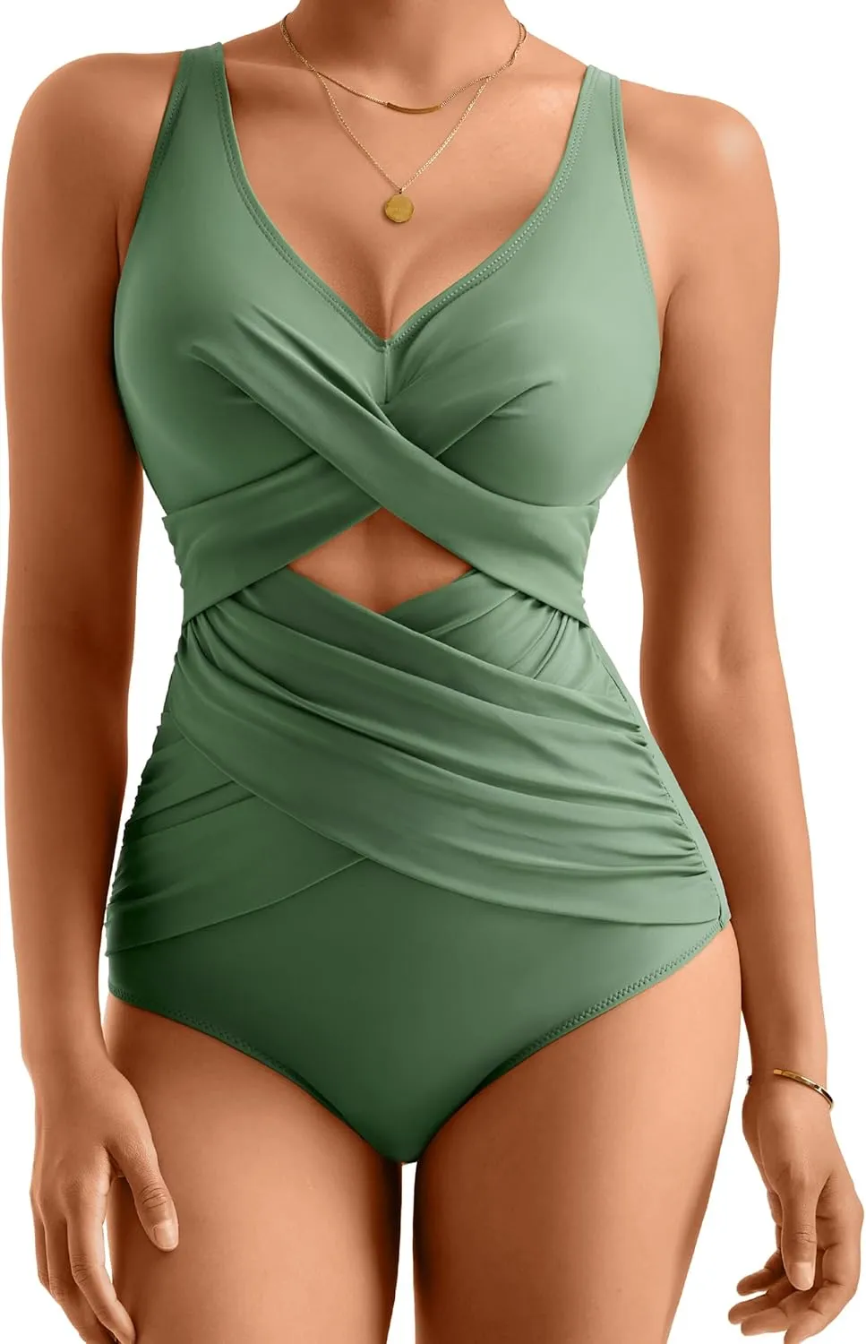 MOOSLOVER Women Slimming One Piece Swimsuit Tummy Control Wrap Cut Out Bathing Suit