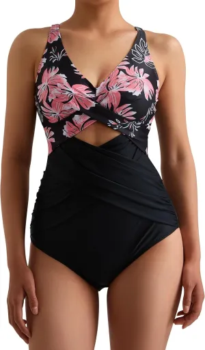 MOOSLOVER Women Slimming One Piece Swimsuit Tummy Control Wrap Cut Out Bathing Suit