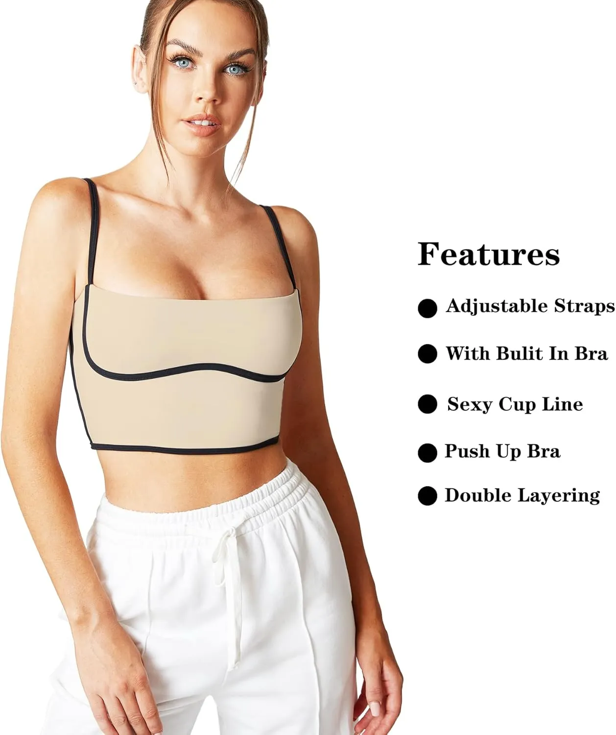 Move With You Sleeveless Spaghetti Strap Padded Sports Bra Tank Tops Square Neck Double Layer Workout Fitness Basic Crop Tops