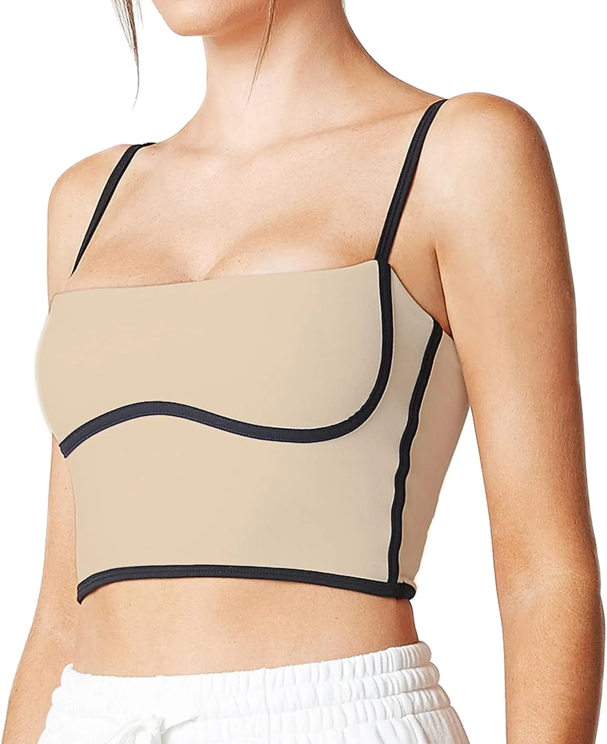 Move With You Sleeveless Spaghetti Strap Padded Sports Bra Tank Tops Square Neck Double Layer Workout Fitness Basic Crop Tops