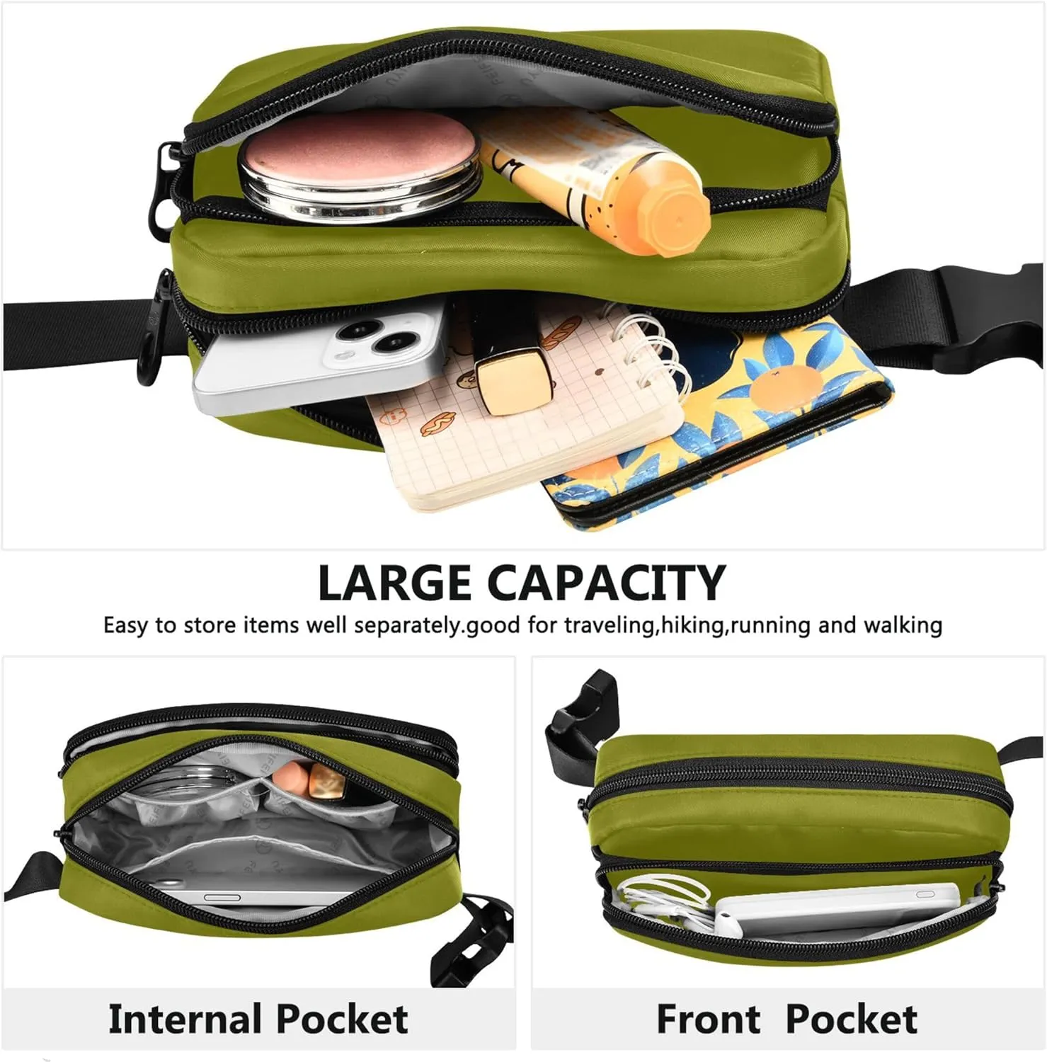 Olive Green Womens Fanny Pack Hip Pack Belt Pouch Waterproof Fashion Travel Waist Pouch