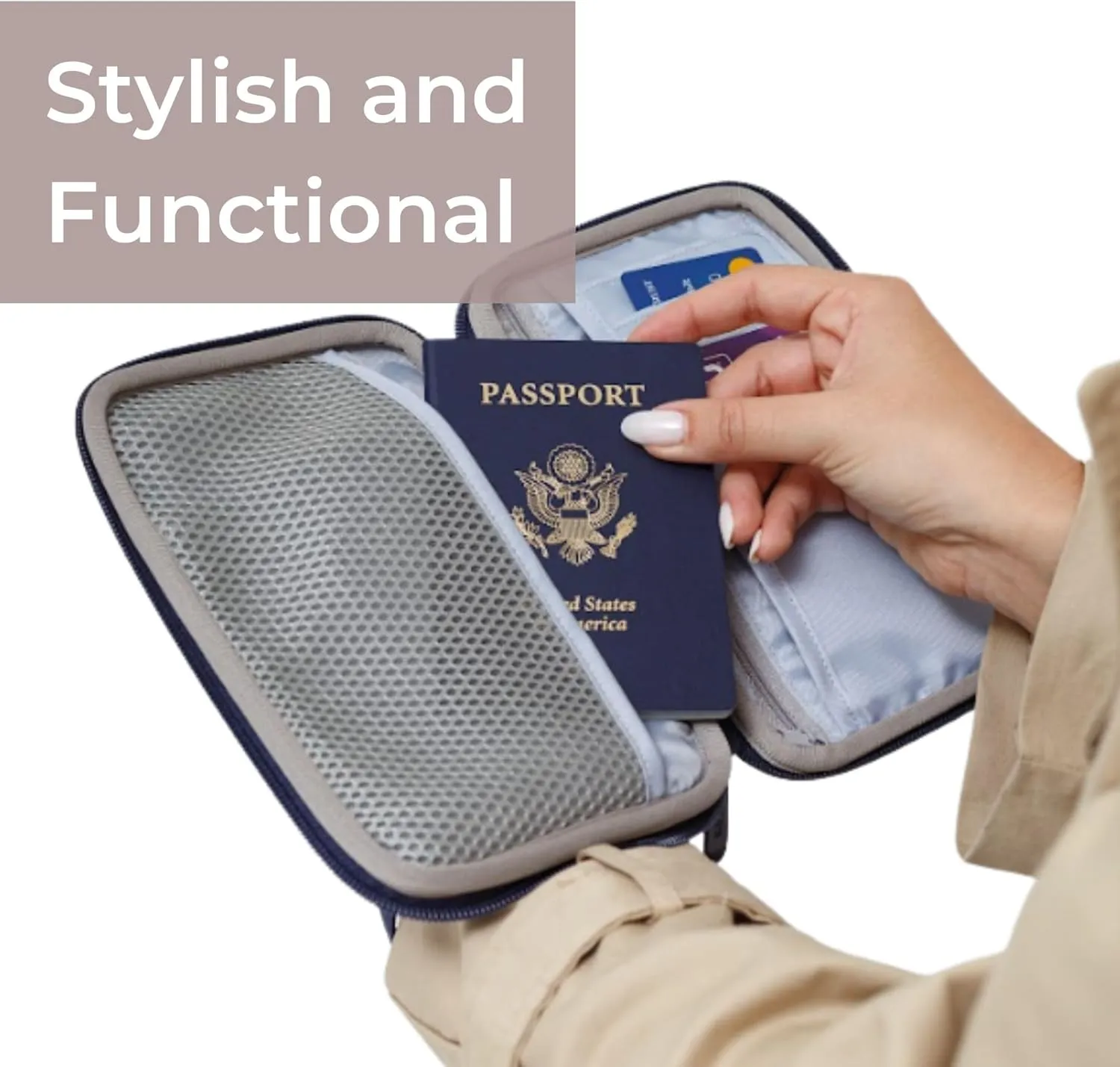 Passport Travel Wallet for Women - Large Multiple Document Organizer and Holder with Wristlet - Palm Beige