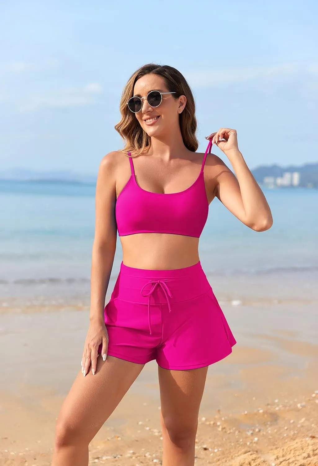 Pink Queen 2 Piece Bathing Suits for Women Adjustable Strap Top Drawstring High Waisted Bikini Shorts Swimsuit with Pockets