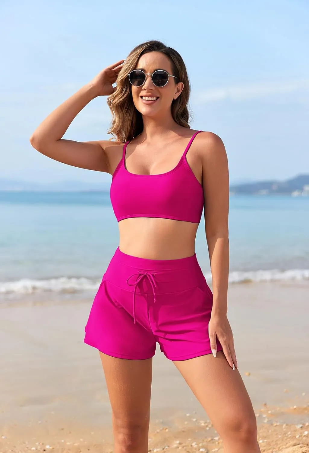 Pink Queen 2 Piece Bathing Suits for Women Adjustable Strap Top Drawstring High Waisted Bikini Shorts Swimsuit with Pockets