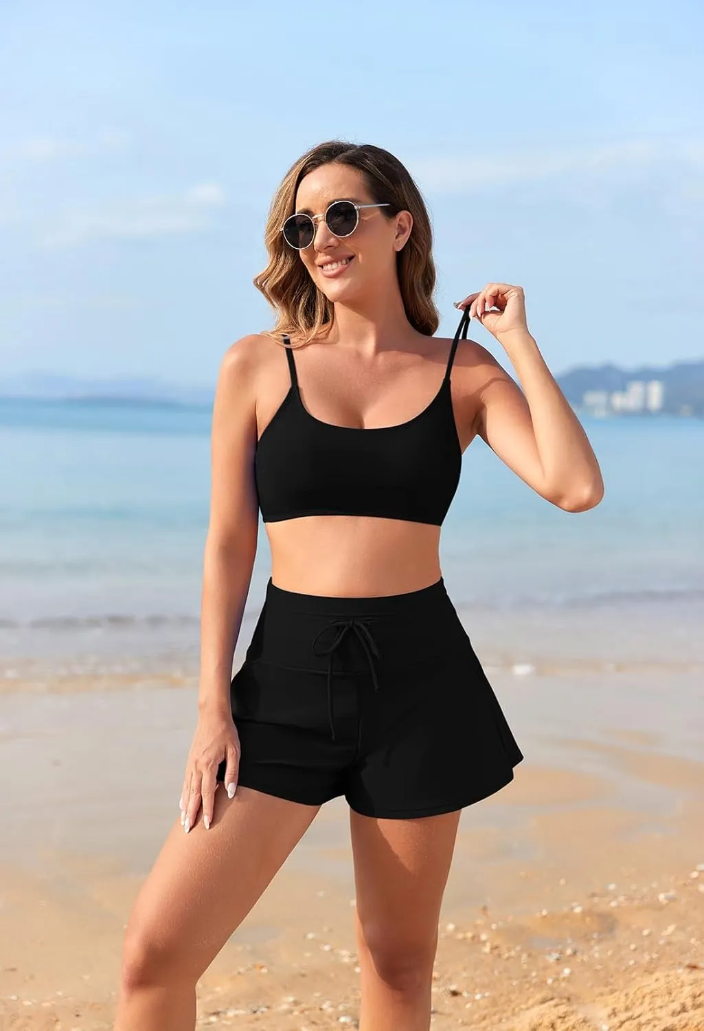 Pink Queen 2 Piece Bathing Suits for Women Adjustable Strap Top Drawstring High Waisted Bikini Shorts Swimsuit with Pockets