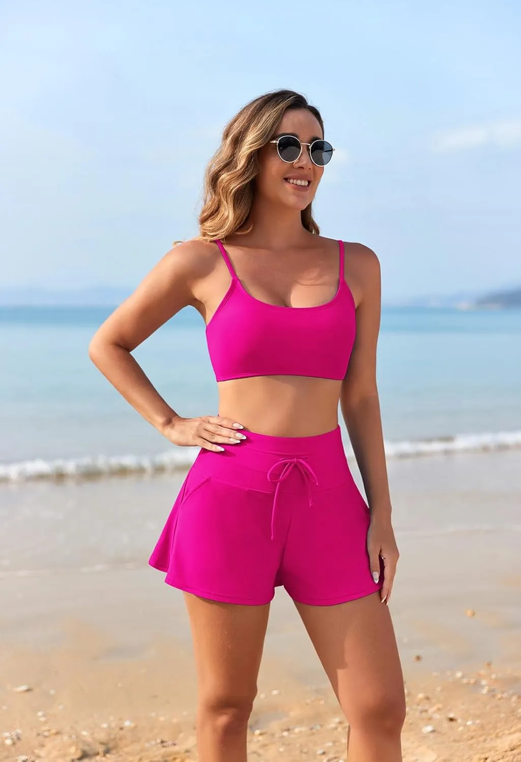 Pink Queen 2 Piece Bathing Suits for Women Adjustable Strap Top Drawstring High Waisted Bikini Shorts Swimsuit with Pockets