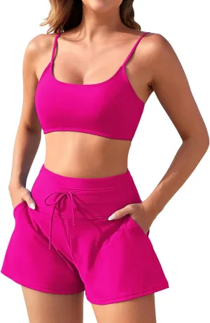 Pink Queen 2 Piece Bathing Suits for Women Adjustable Strap Top Drawstring High Waisted Bikini Shorts Swimsuit with Pockets