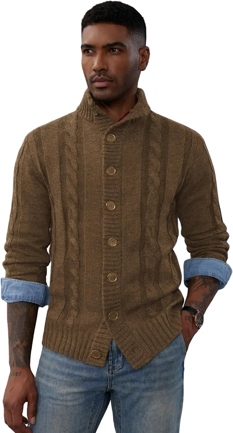 PJ PAUL JONES Men's Casual Stand Collar Cardigan Button Down Cable Knitted Sweater