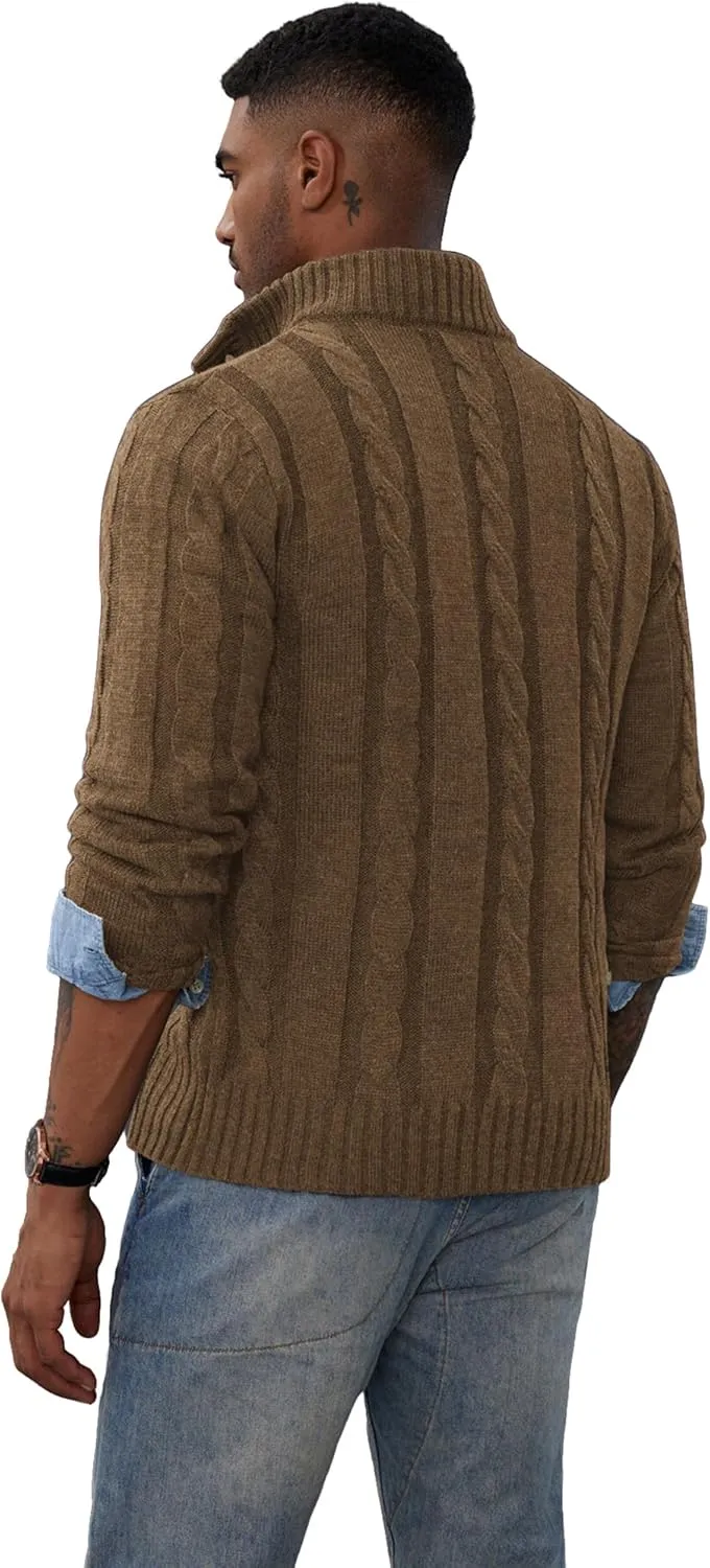 PJ PAUL JONES Men's Casual Stand Collar Cardigan Button Down Cable Knitted Sweater