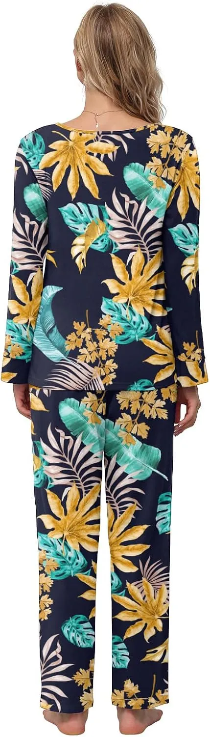 POKWAI Fall Winter Womens Pajama Sets Soft Comfy Long Sleeve Tops and Pants with Pockets 2 Piece Pj Sleepwear