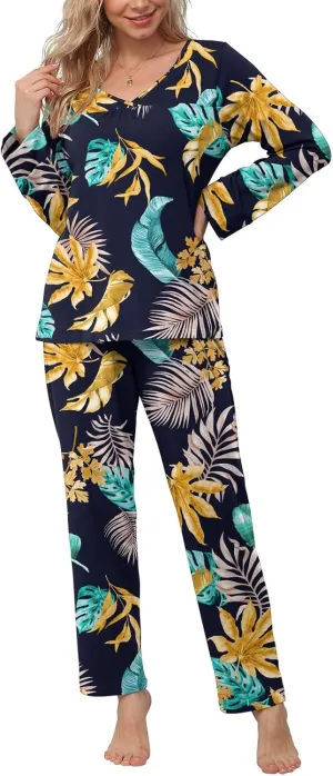POKWAI Fall Winter Womens Pajama Sets Soft Comfy Long Sleeve Tops and Pants with Pockets 2 Piece Pj Sleepwear