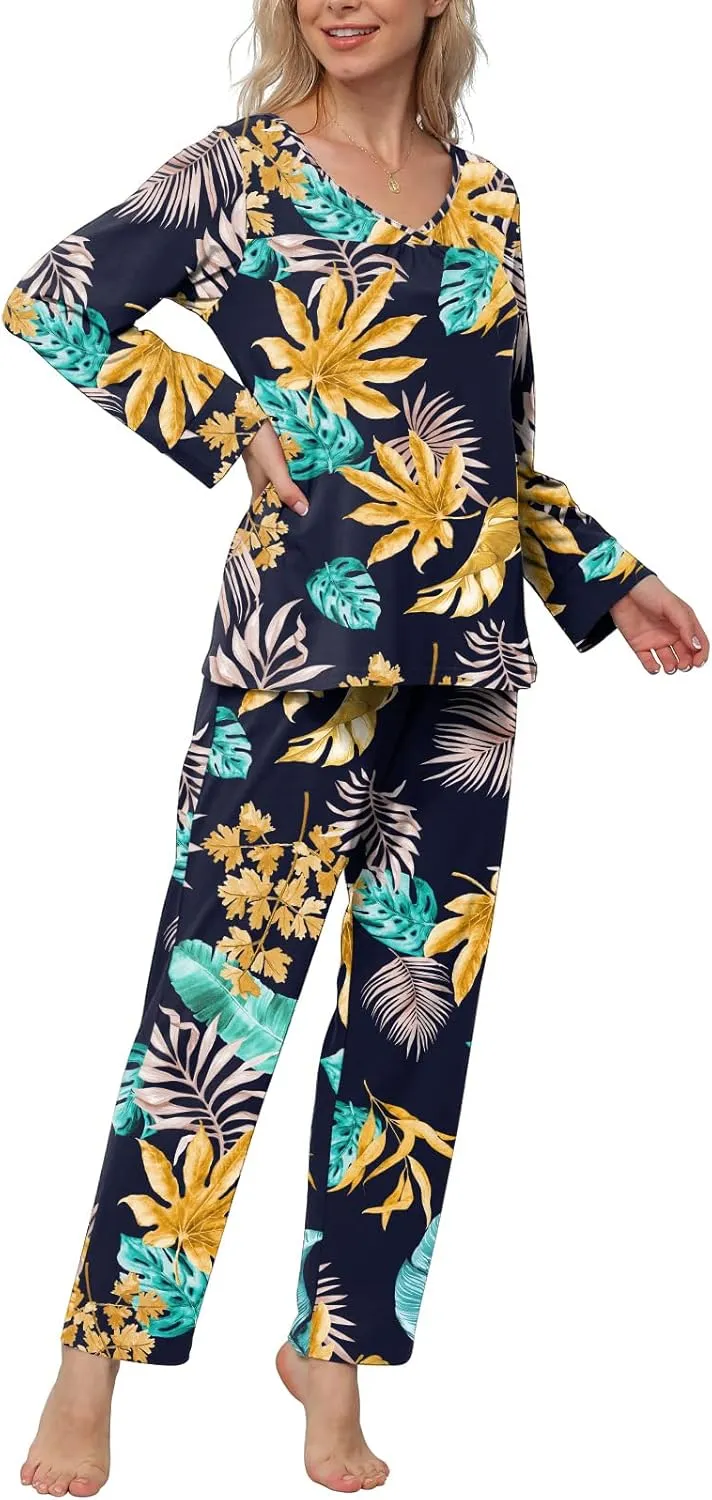 POKWAI Fall Winter Womens Pajama Sets Soft Comfy Long Sleeve Tops and Pants with Pockets 2 Piece Pj Sleepwear