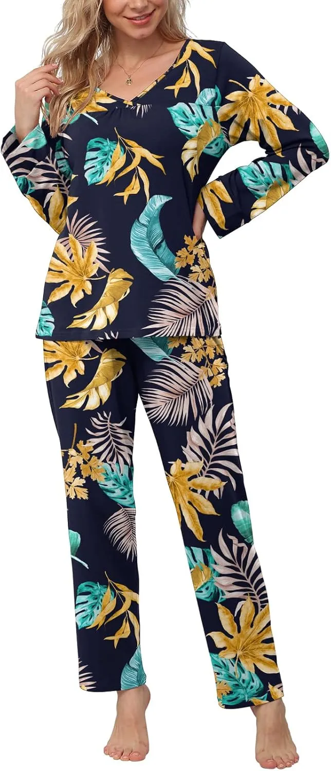 POKWAI Fall Winter Womens Pajama Sets Soft Comfy Long Sleeve Tops and Pants with Pockets 2 Piece Pj Sleepwear