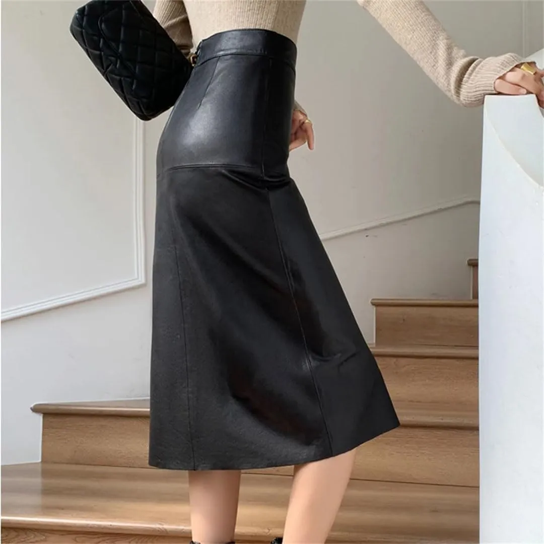 Pulcykp Women Leather Pencil Midi Skirt Wrap Front Slit Slim Sexy Long Skirt Soild High Waist Office Skirt